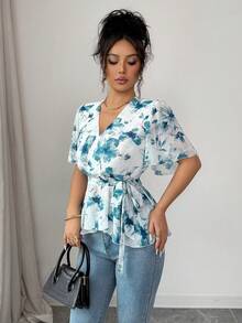 SHEIN Raffinéa Women's Fashion Printed V-Neck Ruffle Hem Cinched Waist Chiffon Blouse - Blue - View 7