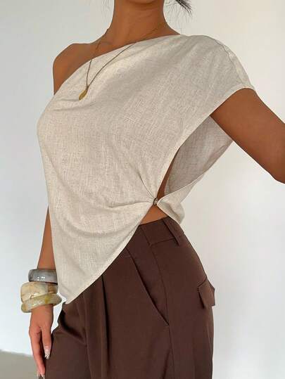 Aloruh Women's Solid Color Asymmetric Hem Pleated Fashion Summer Blouse