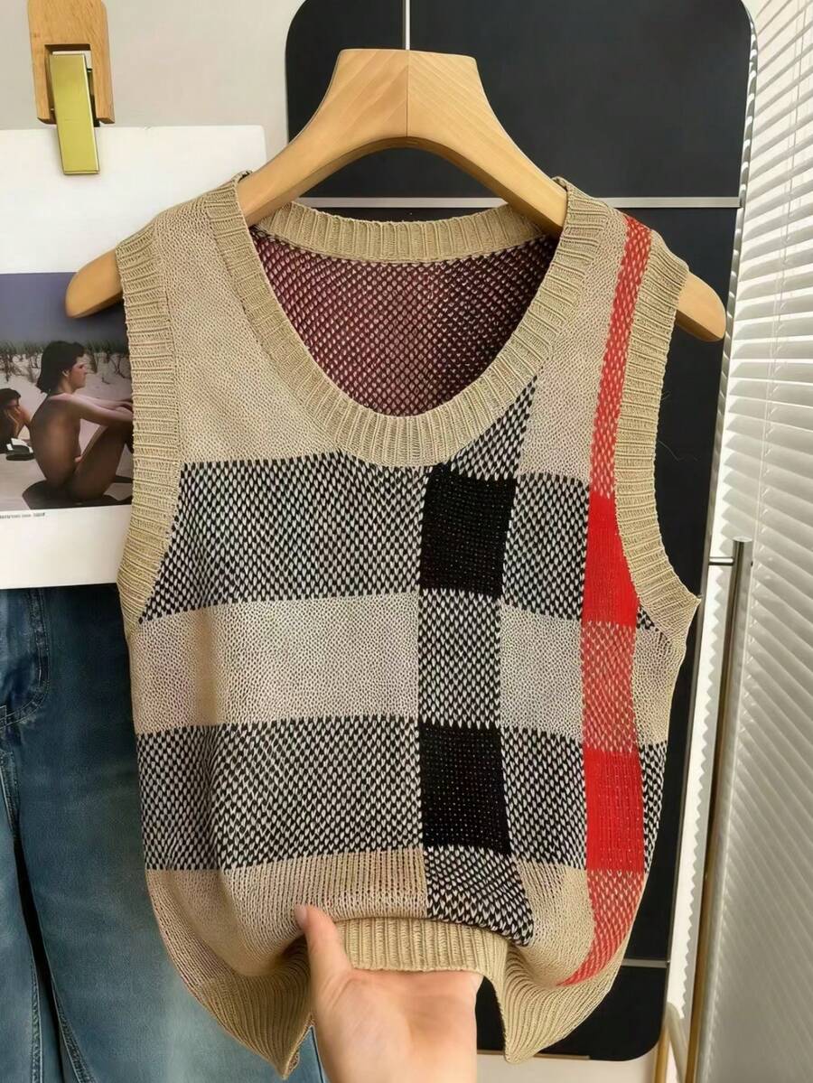 Women's Plaid Loose Casual Versatile Knitted Vest, Autumn/Winter - Brown - View 1