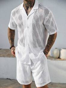 Manfinity CasualCool Men's White Summer Funny Vacation Holiday 2 Pieces Outfits,Hollow Out Knitted Mesh Short Sleeve Lapel Shirt And Slant Pocket Shorts Set,Beach Wear - White - View 6
