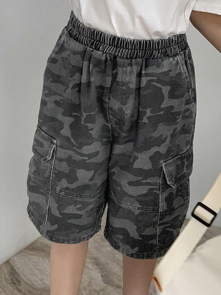 Tween Boy Elastic Waist Cargo Pocket Camouflage Shorts Summer