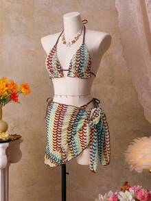 Swim SXY 女士三件套泳装：三角吊带上衣，露背设计，蝴蝶结装饰，侧系带泳裤，裹身裙，高端度假比基尼 - 彩色 - 查看 6