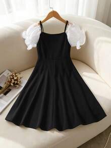 Elladie kids 1pc Tween Girl Color Block Bowknot Camisole Snug Fit Dress - Black - View 3