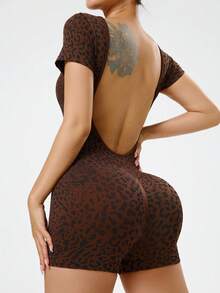 Dewbera Seamless High Stretch Sports Fitness Jumpsuit, Sexy Backless Leopard Print Design - Coffee Brown - View 3