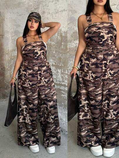 POPSWAY Plus Size Spring, Summer, Fall, Winter, Spring/Fall Korean Vintage Striped Suspender Shorts, New Summer Women Casual Loose Slimming Wide Leg Jumpsuit Stylish Striped Suspender Pants, New Summer Korean Version Casual High Waist Loose Slimming Wide Leg Trousers Retro American Multi-Pocket Camouflage Suspender Pants, Loose Wide Leg Straight Casual Trousers For Men And Women Relaxed Camouflage Suspender Pants, Loose Straight Leg Pants, Retro American Wide Leg Casual Trousers