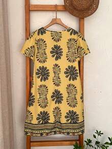 EMERY ROSE Plus Size Floral & Geometric Print Casual Vacation Dress - Mustard Yellow - View 8