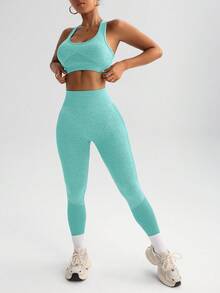 Easithlete Easithlete 女士纯色圆领背心和高腰长裤运动套装 - 橄欖綠 - 查看 2