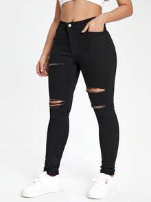 Jeanoix Plus Size Solid Color Distressed Skinny Jeans - Black - View 5
