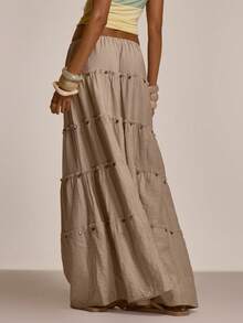 MUSERA 荷叶边层叠飘逸系腰长裙，可爱春夏性感海滩度假蜜月装 - 灰色 - 查看 4