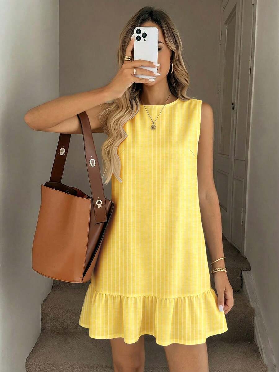 SHEIN LUNE Đầm ngắn in họa tiết dành cho nữ, thích hợp cho mùa xuân và mùa hè. - Màu vàng - Xem 1