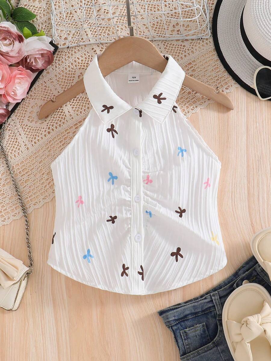 Sparklyn Tween Girl Bow Textured Fabric Front Button Pleated Casual Vacation Camisole Shirt - Multicolor - View 1