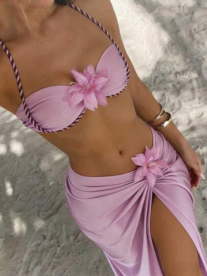 Swim Oasis Women's Shiny Fabric Beach Vacation Sexy Bikini 3 Pieces Set With 3D Floral Decor & Braided Design, Underwire Support