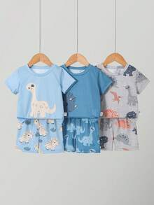 6pcs/Set Infant/Toddler Boys' Cartoon Dinosaur Print Light Blue Cute Pajama Set,Summer Night Round Neck Short Sleeve T-Shirt And Shorts Sleepwear - Multicolor - View 3