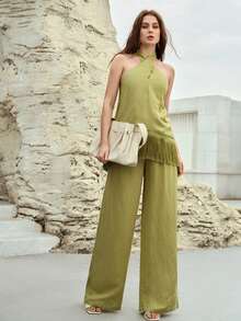 PREMIUM LINEN BLEND DRAWSTRING WAIST SUIT PANTS, SPRING/SUMMER - Green - View 6