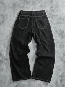 Manfinity ZONE917 男士休闲时尚街头撞色缝线宽松阔腿牛仔裤，不含腰带，垃圾摇滚 - 黑色 - 查看 2