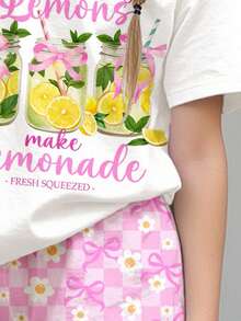 Teen Girl Casual Hawaii Island Vacation Lemon Print Round Neck Short Sleeve T-Shirt And Loose Shorts 2-Piece Set, Suitable For Spring/Summer Daily Wear & Outdoor - Multicolor - View 6
