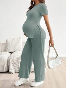 SHEIN Bộ đồ bầu 2 món, màu trơn, tay ngắn xẻ tà và quần, thích hợp cho mùa hè. - Màu xanh nhạt - Xem 8