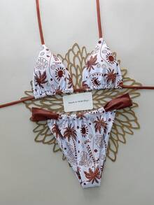 SHEIN Swim Vcay Tropiskt växtmönster halterneck bikiniset 2-delat set, avslappnad strandsemester, vår/sommar - Multifärgad - Visa 3