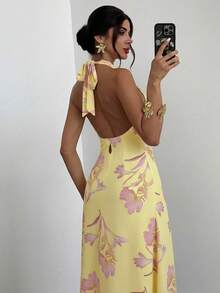 Firerie 女士优雅休闲度假派对浪漫约会宽松露背连衣裙，黄色 - 彩色 - 查看 2