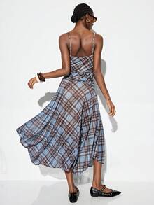 Aveloria GENKIRA Vintage Plaid Patchwork Dress, Waist Pleated Design, Asymmetric Hem, Casual Bohemian Music Festival Dress For Women, Random Print - Multicolor - View 2