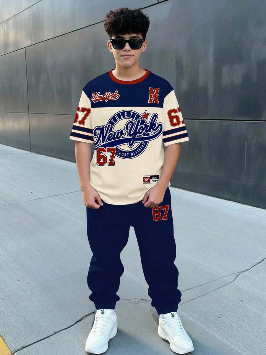Tween Boy Navy Blue Streetwear Set,Back-To-School Y2K Retro American Patchwork Number 67 Round Neck Short Sleeve T-Shirt & Pants For School Summer - Multicolor - View 1
