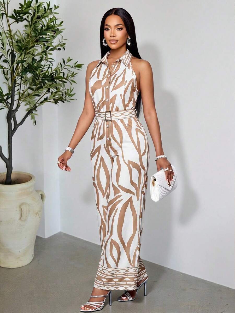 Spring/Summer Women's Wear: Elegant And Stylish, Perfect For Casual Wear And Vacations. Features Include Yellow Wavy Print Sleeveless Tops With Shirt Collars, Buttons, Detachable Belts, Straight-Leg Trousers, And Jumpsuits. - Apricot - View 1