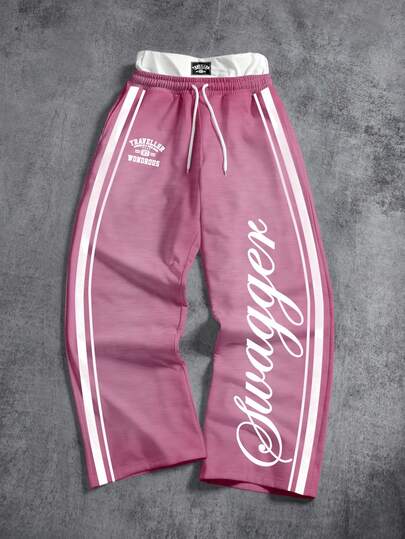 Manfinity ZONE917 宽松版型花卉英文标语粉色条纹直筒双腰带运动裤，超大版型，约会聚会必备，送给男朋友/女朋友的礼物