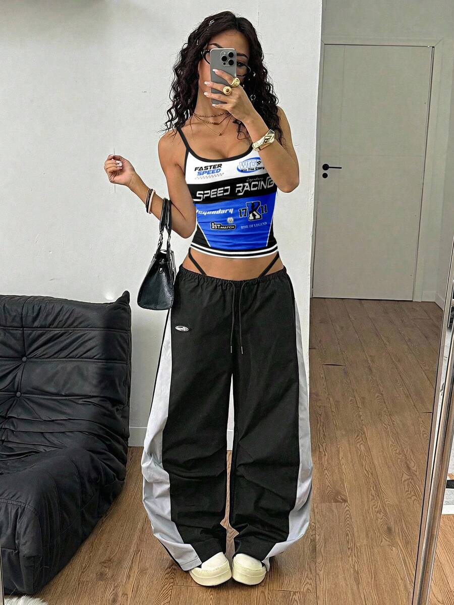 Coolane Áo hai dây ôm sát gợi cảm dành cho nữ, kiểu dáng thể thao năng động lấy cảm hứng từ đường đua, màu đen và xanh dương phối chữ và số, phù hợp cho mùa xuân và mùa hè. - Nhiều màu - Xem 1