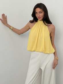 Aloruh Women's Solid Color Minimalist Sleeveless Top, Casual Wear,Summer Top - Yellow - View 3