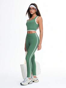 Eassivo Quần yoga nữ kẻ sọc tương phản, quần legging thể thao nâng mông, quần bó sát tập Pilates. - màu xanh lá - Xem 3