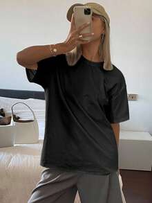 DAZY Solid Color Round Neck Loose Long Short Sleeve T-Shirt For Women - Black - View 3