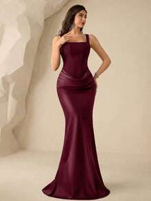 Coutiva 女士纯色方领无袖高端晚礼服，优雅奢华派对礼服 - 酒紅色 - 查看 6