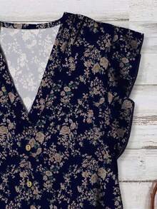 EMERY ROSE Women's Casual Floral Ruffle Sleeve Shirt, Suitable For Summer,Summer Top - Navy Blue - View 3