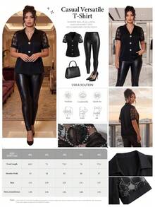 Cravure Plus Size Women Mesh Sleeve Gold Button Decor Short Sleeve Blouse - Black - View 2