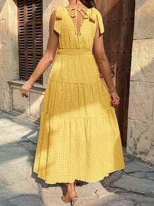 SHEIN Maternity Vacation Textured Ruffle Hem Sleeveless Dress - Yellow - View 2