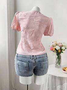 Sweetra Áo kiểu nữ cỡ lớn phong cách Pháp cổ điển lãng mạn, tay phồng, màu trắng, thêu ren, phối nhiều mảnh, ôm sát, kiểu tay đèn lồng, thích hợp cho các dịp thường ngày, công sở, du lịch, đi học, tiệc sinh nhật, lễ hội âm nhạc, ngày Valentine, mùa xuân/hè. - Hồng - Xem 2