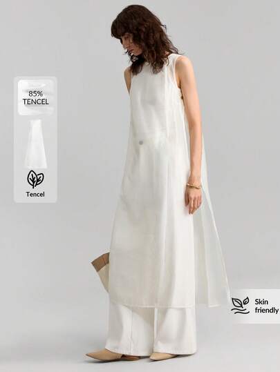 Ontre Bộ trang phục tốt nghiệp 2026SS, hàng mới về 2025, trang phục nữ Xuân/Hè, áo kiểu đô thị cổ tròn không tay hơi xuyên thấu với nút bên hông, áo dài, trang phục hàng ngày thời trang, đa năng cho mọi mùa, phong cách bohemian đi biển/nghỉ dưỡng, phong cách nghỉ dưỡng mùa hè, phong cách miền Tây lễ hội âm nhạc đồng quê, chất liệu cao cấp thoải mái.