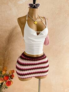 SHEIN WYWH Women's Sexy Bohemian Vacation Style Halter Backless Tie Front Top And Contrast Zigzag Print Mini Skirt Set Greece Vacation Outfit Curve Beach Outfits Beach Dinner Outfits Beach Club Outfit,Island Vacation Outfit,Music Festival Outfit,Cruise Vacation Outfit,Casual Vacation,Retro Outfit,Island Vacation Outfit,Music Festival Outfit,Cruise Vacation Outfit,Casual Vacation,Retro Outfit - Multicolor - View 1