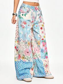 ROMWE 复古印花高腰斜插口袋阔腿牛仔裤，休闲街头风女式牛仔裤，春秋季 - 藍色 - 查看 6