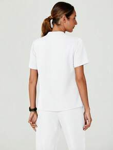 TaskEZ Women's Short Sleeve Surplice Neck Hidden Button Front Work Blouse - White - View 2