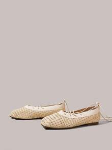 Styleloop Women Shoes Holiday Style Woven Shoes Noodle Belt Women's Flat Single Shoes Holiday Style Wear BOHO Wear American Retro Style Bohemian Style Western Style Music Festival Wear Party Wear Flat Women's Shoes - Apricot - View 2