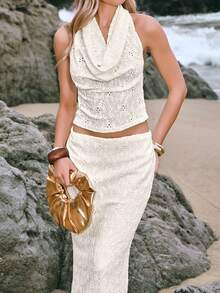 Gownix White Floral Jacquard Knit Halter Cowl Neck Draped Tank Top Fish Tail Hem Maxi Skirt 2 Pieces Set Summer Tropical Vacation Holiday Beach Outfits - White - View 3