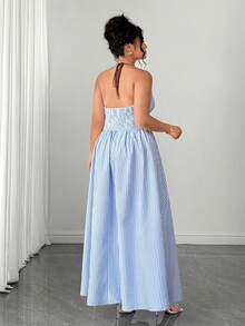 Elenzga Vestido de mujer elegante y de moda con cuello halter y bloques de color a rayas - Azul - Ver 2