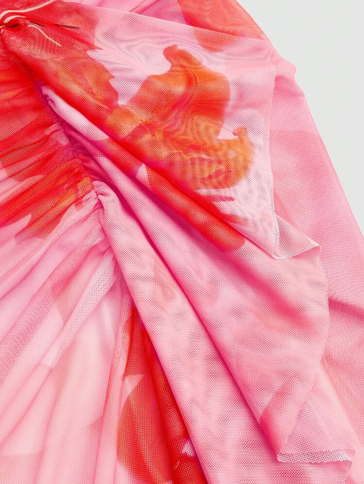 Sweetra Vestido midi casual y elegante minimalista con pliegues franceses, con flores de lirio, malla + forro, bajo asimétrico sin tirantes, color naranja, para verano, talla grande - Rosa Fucsia - Añade 8