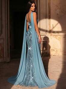 Aureia 优雅奢华的串珠、亮片和刺绣弹力缎面美人鱼裙摆无肩带连衣裙，配有可拆卸挂脖，适合婚礼、活动、派对、度假、盛会、正式场合（装饰繁复） - 藍色 - 查看 3