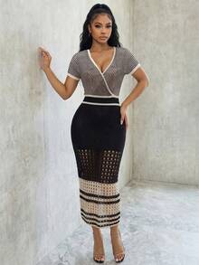 Eryvara Colorblock V-Neck Short Sleeve Fitted Elegant Knit Dress, Vacation Style - Multicolor - View 4