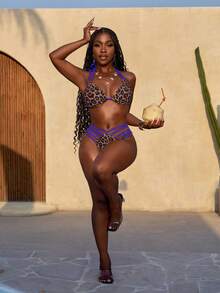 Slaydiva Vacation Sexy Lace-Up Leopard Print Bikini Set For Women - Blue - View 4