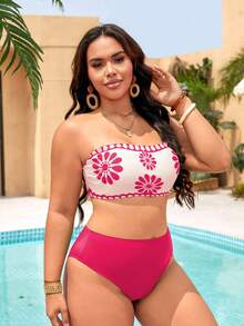Swim Lushoire Plus Size Women Simple Daily Summer Swimwear Set - Hot Pink - View 6