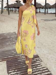 Firerie 女士纯色休闲吊带露背印花宽松夏威夷度假连衣裙，奶油黄夏季连衣裙，波西米亚风女装 - 彩色 - 查看 5