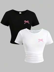 Girlism 2pcs/Set Tween Girl Black & White Bow Print Round Neck Short Sleeve T-Shirt - Black and White - View 7